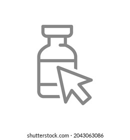 Icono de la línea de cursor de flecha y ampolla médica. Vacuna, dirección, inmunización, símbolo sérico