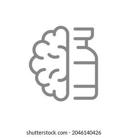 Medical ampoule and brain line icon. Vaccination, adjustment memory, vaccine brain reaction symbol