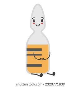 Medical ampoule as a charatcer vector isolated. Funny smiling medical tool. Concept of healthcare and pharmacy. Ampule with vaccine. Cute mascot.