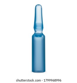 Medical ampoule isolated. Cosmetic serum dose vial, clear blue. Flu vaccination injection equipment. Vector ampule with medicine drug. Liquid immunization vaccine. Health product bottle