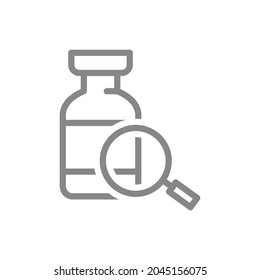 Medical ampoule and magnifying glass line icon. Vaccine, serum, vaccine test, antibodies symbol