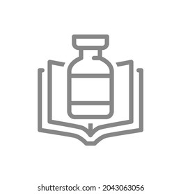 Medical ampoule and open book line icon. Vaccination information, instructions for the drug, serum symbol