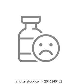 Medical ampoule and sad face line icon. Vaccination, vaccine evaluation, negative feedback symbol