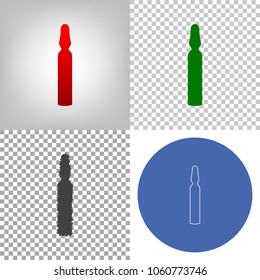 Medical ampoule sign. Vector. 4 styles. Red gradient in radial lighted background, green flat and gray scribble icons on transparent and linear one in blue circle.