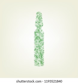 Medical ampoule sign. Vector. Green hexagon rastered icon and noised opacity and size at light green background with central light.