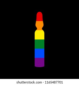 Medical ampoule sign. Vector. Icon with colors of LGBT flag at black background.