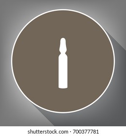 Medical ampoule sign. Vector. White icon on brown circle with white contour and long shadow at gray background. Like top view on postament.