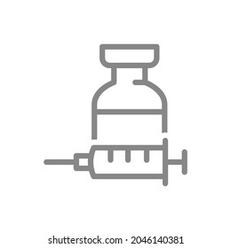 Medical ampoule with syringe line icon. Vaccination, vaccine, immunization, serum, vaccinated, injection symbol