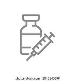 Medical ampoule with syringe line icon. Vaccination, vaccine, immunization, serum, collective immunity symbol