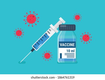Medical ampoule vaccine and syringe fight against coronavirus. Covid-19 Coronavirus concept. Vector illustration