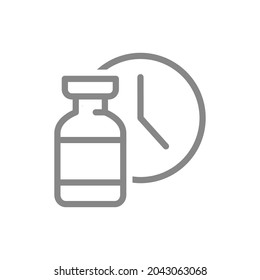 Medical Ampoule And Watch Line Icon. Vaccination Time, Worldwide Immunity, Duration Of The Vaccine Symbol