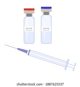 Medical ampoules and syringe. Isolated vector image on white background. Vaccine