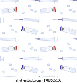 Medical ampoules and syringe. Isolated vector image on white background. Vaccine,syringe, pills.