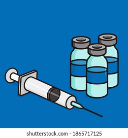 Medical ampoules and syringe on blue background