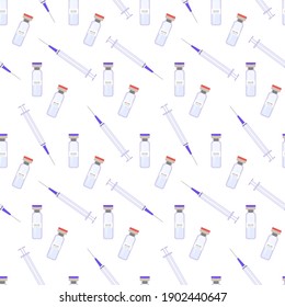 Medical ampoules and syringe. Seamless vector pattern on white background. Vaccine