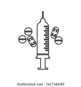 Medical ampule and syringe line icon flat design