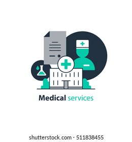 Medical analysis, annual check up, health insurance concept, hospital treatment. Health care services. Flat design vector illustration