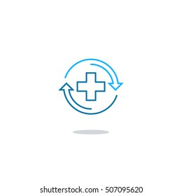 Medical Analysis Icon, Annual Check Up Sign, Health Insurance Concept Symbol, Hospital Treatment. Health Care Services. Flat Design Vector Line Logo