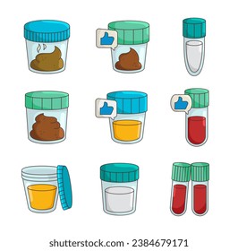 Medical analysis laboratory test. Stool and urina examination. Hand drawn style. Vector drawing. Collection of design elements.