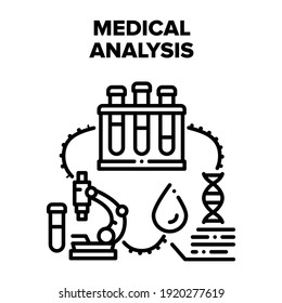 Medical Analysis Vector Icon Concept. Laboratory Flasks And Microscope For Researching And Testing Analysis And Dna Molecule. Lab Equipment And Ware For Testing And Analyzing Black Illustration