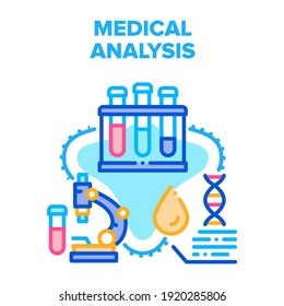 Medical Analysis Vector Icon Concept. Laboratory Flasks And Microscope For Researching And Testing Analysis And Dna Molecule. Lab Equipment And Ware For Testing And Analyzing Color Illustration