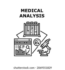 Concepto de icono del vector de análisis médico. Análisis Médico Investigando En Laboratorio. Equipo De Laboratorio Microscopio Para Analizar La Sangre Del Paciente, Investigación Digital. Contenedores de frascos de vidrio Ilustración negra