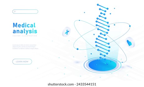 Medical analysis white poster. Structure of DNA. Scientific research. Biology and anatomy. Health care, medicine and treatment. Landing webpage design. Neon isometric vector illustration