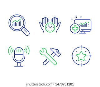 Medical analytics, Microphone and Data analysis line icons set. Safe time, Spanner tool and Star target signs. Medicine system, Mic, Magnifying glass. Hold clock. Vector