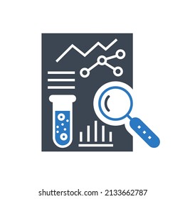 Medical analytics Related Vector Glyph Icon. Research sheet with test bulb, graphs and a magnifying glass. Research sign Isolated on White Background. Vector Illustration