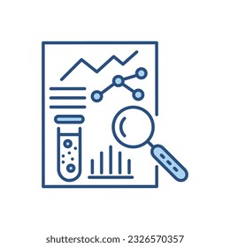 Icono de vector relacionado con análisis médico. Hoja de investigación con bombilla de ensayo, gráficos y lupa. Signo de investigación Aislado en fondo blanco. Ilustración vectorial