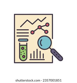 Medizinisch analytische Vektorsymbol. Forschungsblatt mit Prüfkolben, Graphen und Lupe. Forschungszeichen einzeln auf weißem Hintergrund. Vektorgrafik