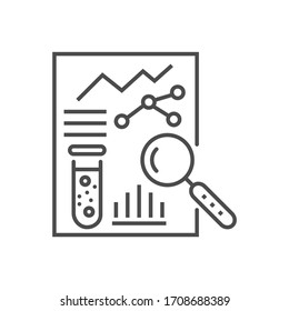 Medical analytics Related Vector Thin Line Icon. Research sheet with test bulb, graphs and a magnifying glass. Isolated on White Background. Editable Stroke. Vector Illustration.