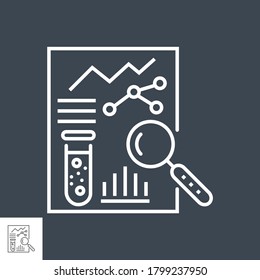 Medical analytics Related Vector Thin Line Icon. Research sheet with test bulb, graphs and a magnifying glass. Isolated on Black Background. Editable Stroke. Vector Illustration.