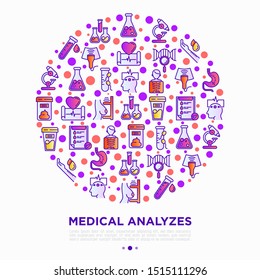 Medical analyzes concept in circle with thin line icons: blood test, urine test, stool, ECG, mammography, sperm, DNA, ultrasound, EEG, X-ray, gastroscopy. Vector illustration for laboratory web page. 