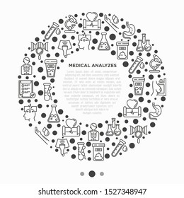 Medical analyzes concept in circle with thin line icons: blood test, urine test, stool, ECG, mammography, sperm, DNA, ultrasound, EEG, X-ray, gastroscopy. Vector illustration for laboratory web page.