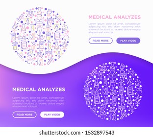 Medical analyzes concept in circle with thin line icons: blood test, urine test, stool, ECG, mammography, sperm, DNA, ultrasound, EEG, X-ray, gastroscopy. Vector illustration for laboratory web page.