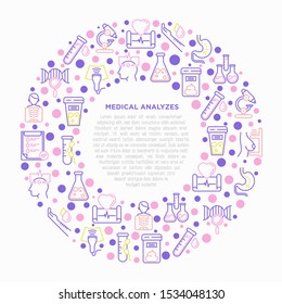 Medical analyzes concept in circle with thin line icons: blood test, urine test, stool, ECG, mammography, sperm, DNA, ultrasound, EEG, X-ray, gastroscopy. Vector illustration for laboratory web page.