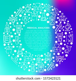 Medical analyzes concept in circle with thin line icons: blood test, urine test, stool, ECG, mammography, sperm, DNA, ultrasound, EEG, X-ray, gastroscopy. Vector illustration for laboratory web page.