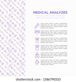 Medical analyzes concept with thin line icons: blood test, urine test, stool, ECG, mammography, sperm, DNA, ultrasound, EEG, X-ray, gastroscopy. Vector illustration for laboratory print media