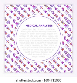 Medical analyzes concept with thin line icons: blood test, urine test, stool, ECG, mammography, sperm, DNA, ultrasound, EEG, X-ray, gastroscopy. Vector illustration for laboratory with copy space.