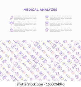 Medical analyzes concept with thin line icons: blood test, urine test, stool, ECG, mammography, sperm, DNA, ultrasound, EEG, X-ray, gastroscopy. Vector illustration for laboratory web page