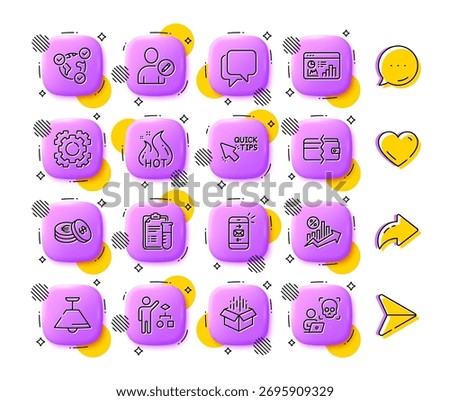 Medical analyzes, Payment methods and Savings line icons. App 3d buttons. Social media comment, share, like icons. Pack of Online voting, Seo statistics, Seo gear icon. Vector