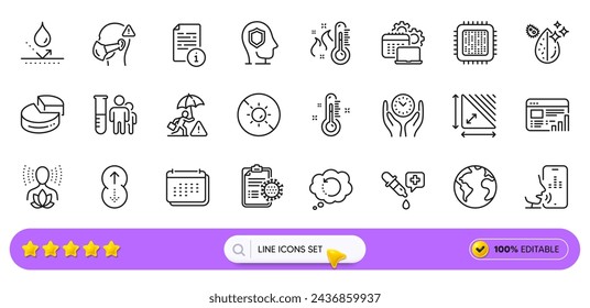 Medical analyzes, Safe time and Recovery data line icons for web app. Pack of Triangle area, Yoga balance, Chemistry pipette pictogram icons. Coronavirus report, Manual, Calendar signs. Vector