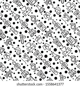 Medical analyzes seamless pattern with thin line icons: blood test, urine test, stool, ECG, mammography, sperm, DNA, ultrasound, EEG, X-ray, gastroscopy. Vector illustration for laboratory web page.