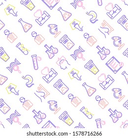 Medical analyzes seamless pattern with thin line icons: blood test, urine test, stool, ECG, mammography, sperm, DNA, ultrasound, EEG, X-ray, gastroscopy. Vector illustration for laboratory web page.