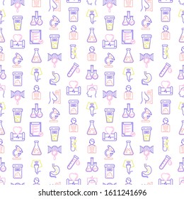 Medical analyzes seamless pattern with thin line icons: blood test, urine test, stool, ECG, mammography, sperm, DNA, ultrasound, EEG, X-ray, gastroscopy. Vector illustration for laboratory web page.