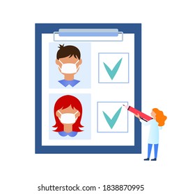 Medical analyzes, tests for antibodies of coronavirus, сoronavirus immunity. Masked people in the questionnaire that the doctor fills out. Vector illustration