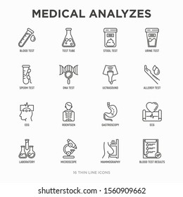 Medical analyzes thin line icons set: blood test, urine test, stool, ECG, mammography, sperm, DNA, ultrasound, EEG, X-ray, gastroscopy. Vector illustration for laboratory web page.