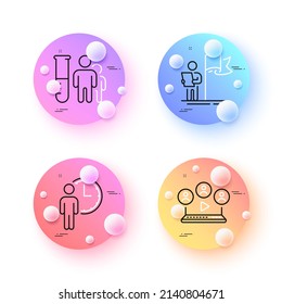 Medical analyzes, Video conference and Waiting minimal line icons. 3d spheres or balls buttons. Leadership icons. For web, application, printing. Vector