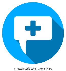 Icono de sombra larga de respuesta médica. El estilo es un símbolo plano ligero con ángulos redondeados en un Botón redondo azul.